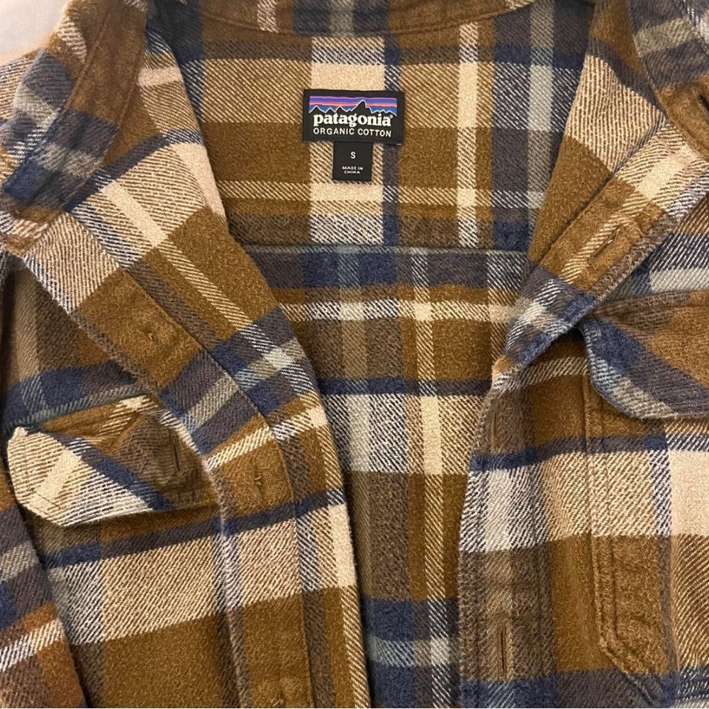 Patagonia Plaid Flannel Shirt Jacket - Brown, Navy & Cream
